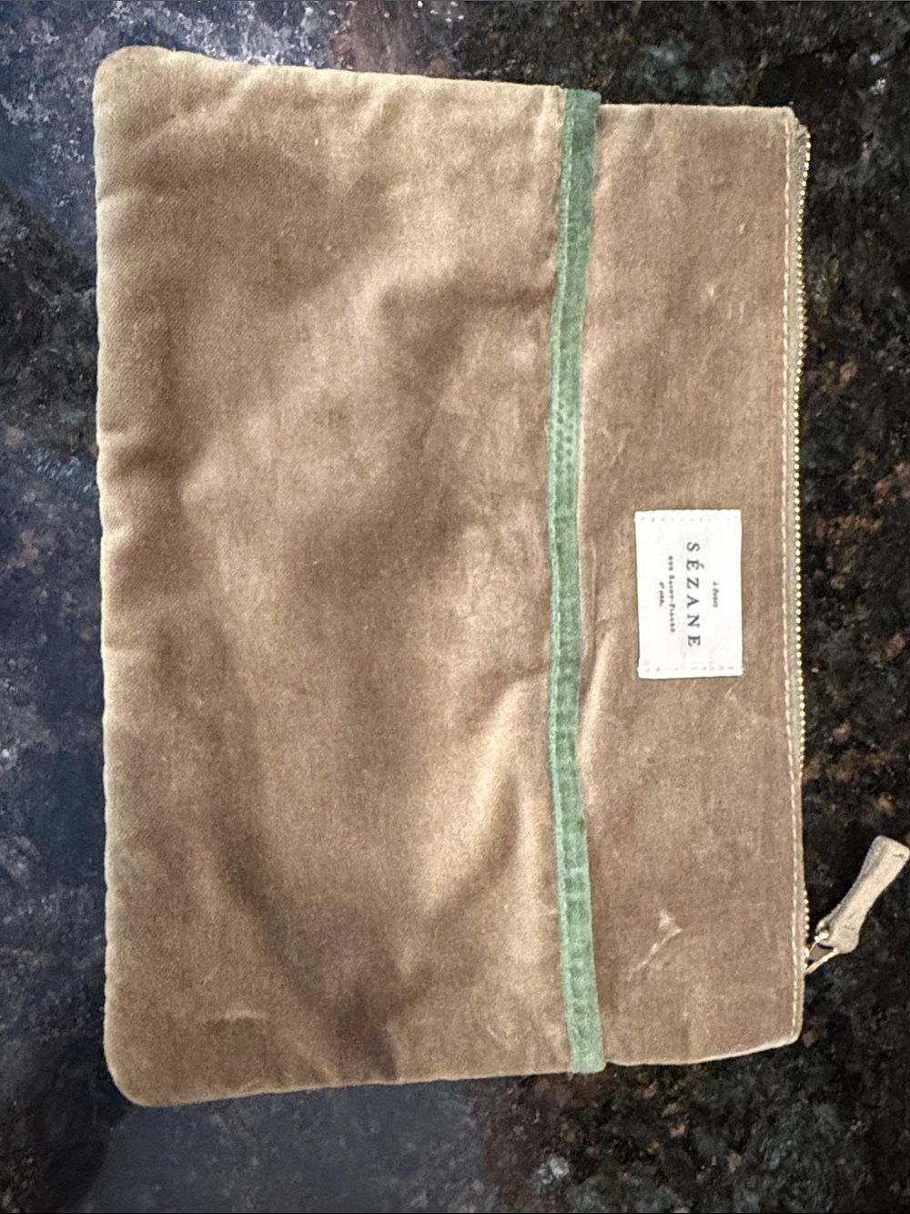 Sézane Olive Velvet Zip Pouch with Mint Trim - Picture 3 of 4